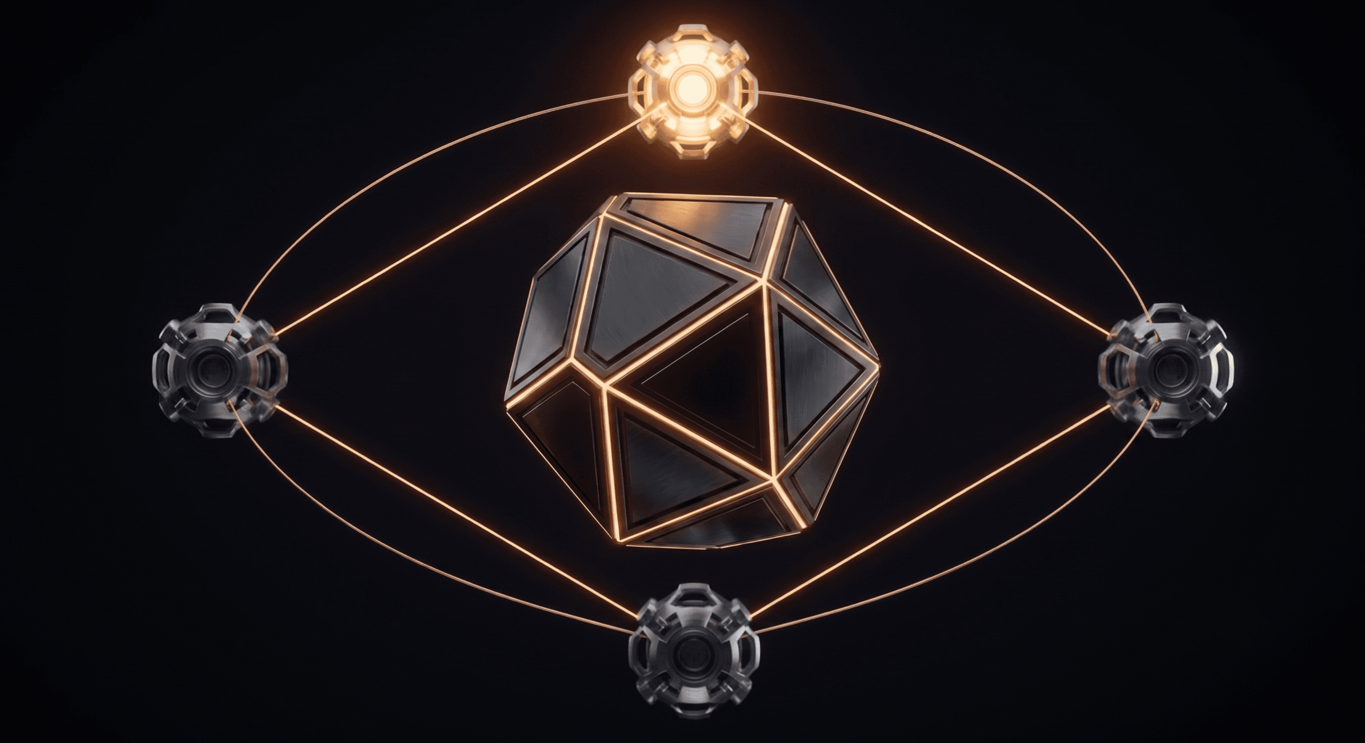 Four machined nodes orbiting the core in deep space, connected by thin light filaments — one lit warm amber, three dark