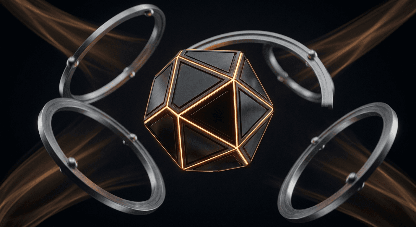 The core floating while four brushed-steel rings drift toward it, mid-assembly